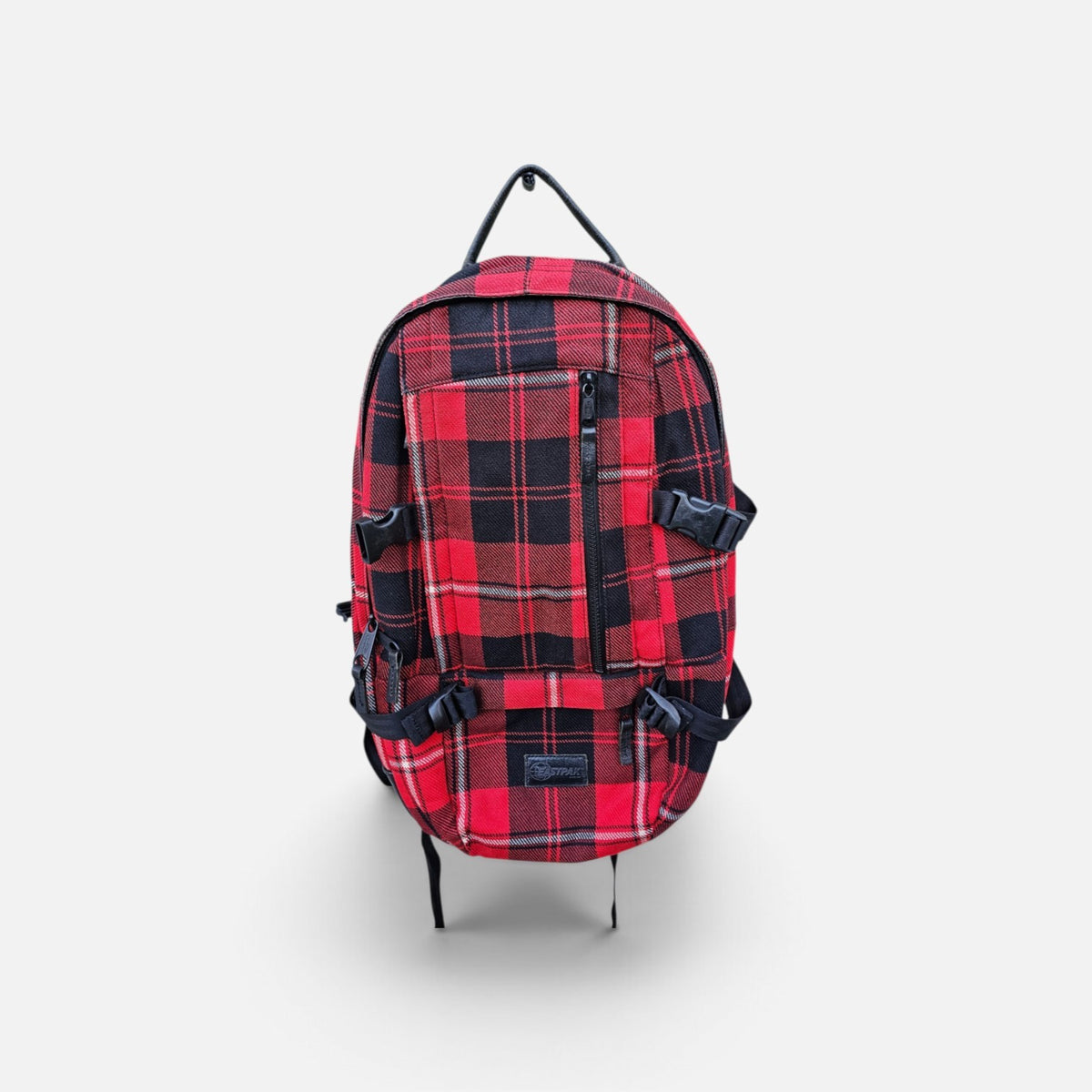 Eastpak vibrant red black plaid tartan pattern backpack