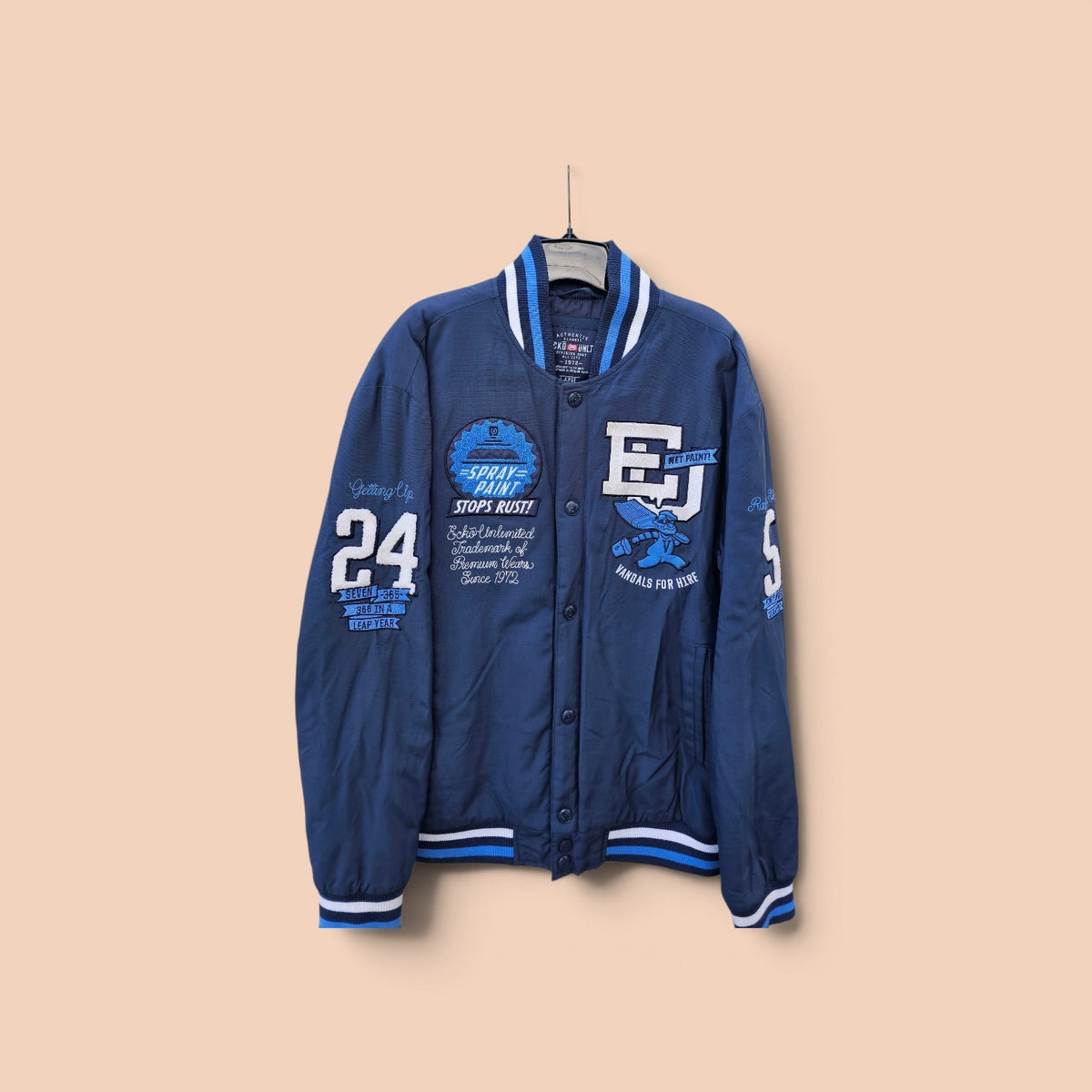 Y2k Ecko Unlmtd drop out of art school patched navy blue varsity jacket