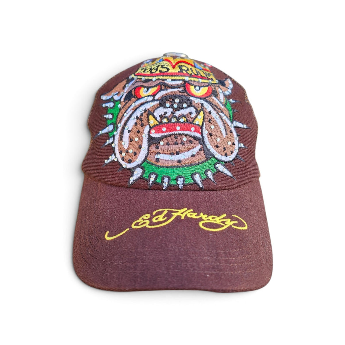 Y2k Ed Hardy Dogs Rule Rhinestone Brown Trucker Hat