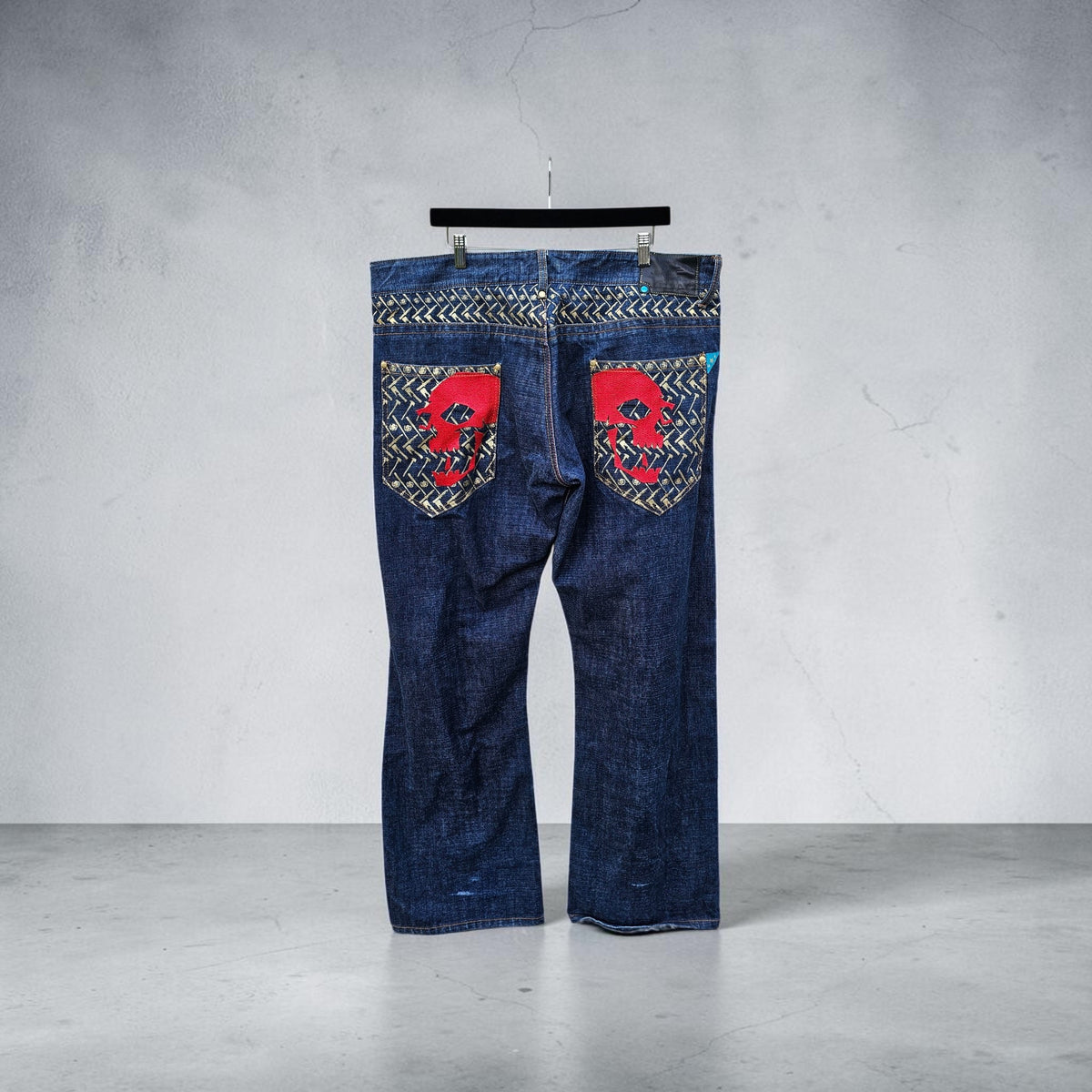 Y2k Shmack dark wash denim red embroidered skull pants