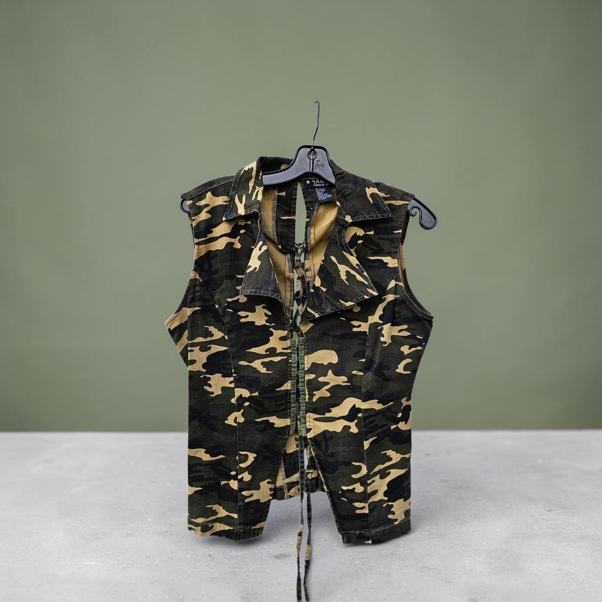 Womens Y2K yahoo jeans camouflage Sleeveless vest lapel collar lace up back top