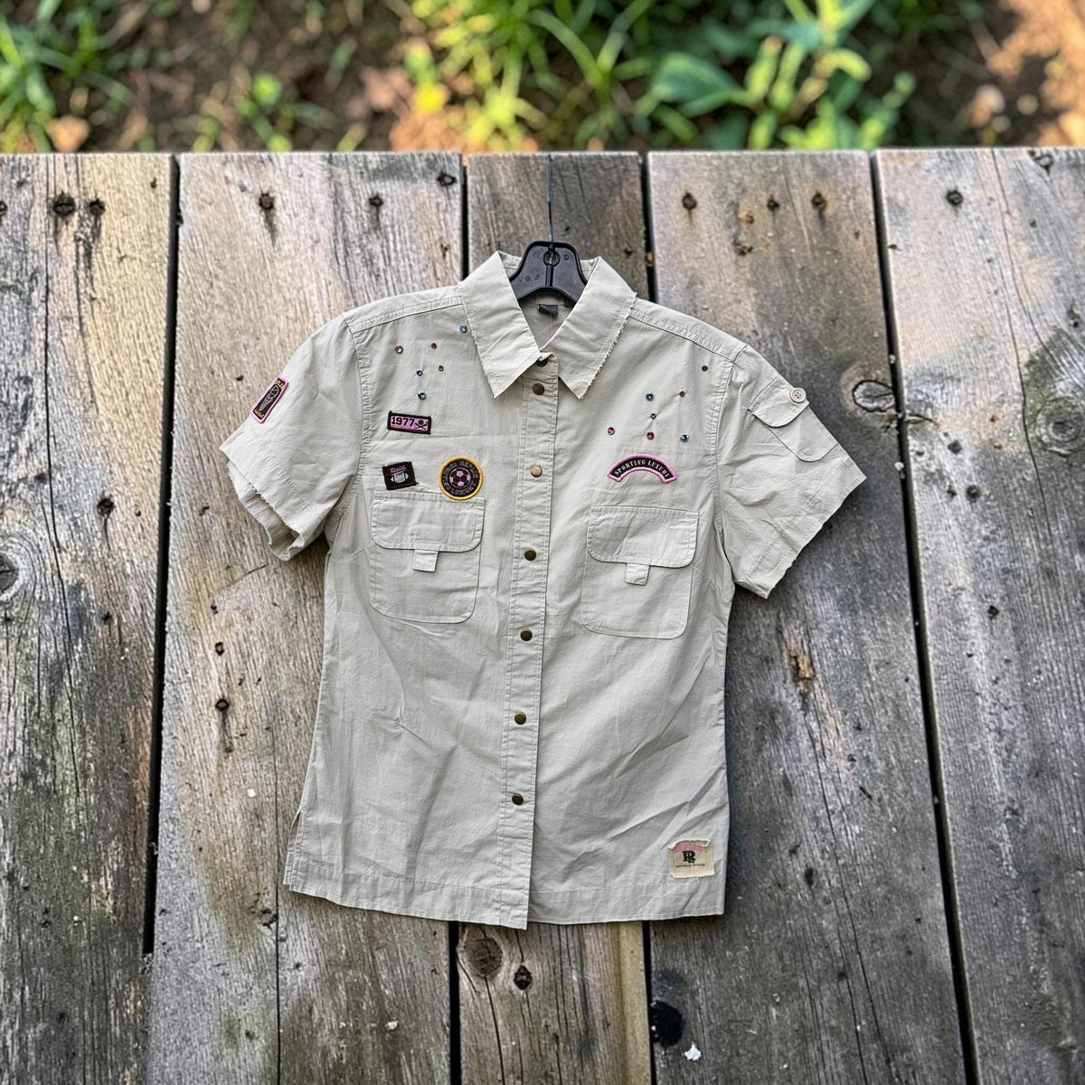 Womens Replik luxury beige studs gem button up shirt