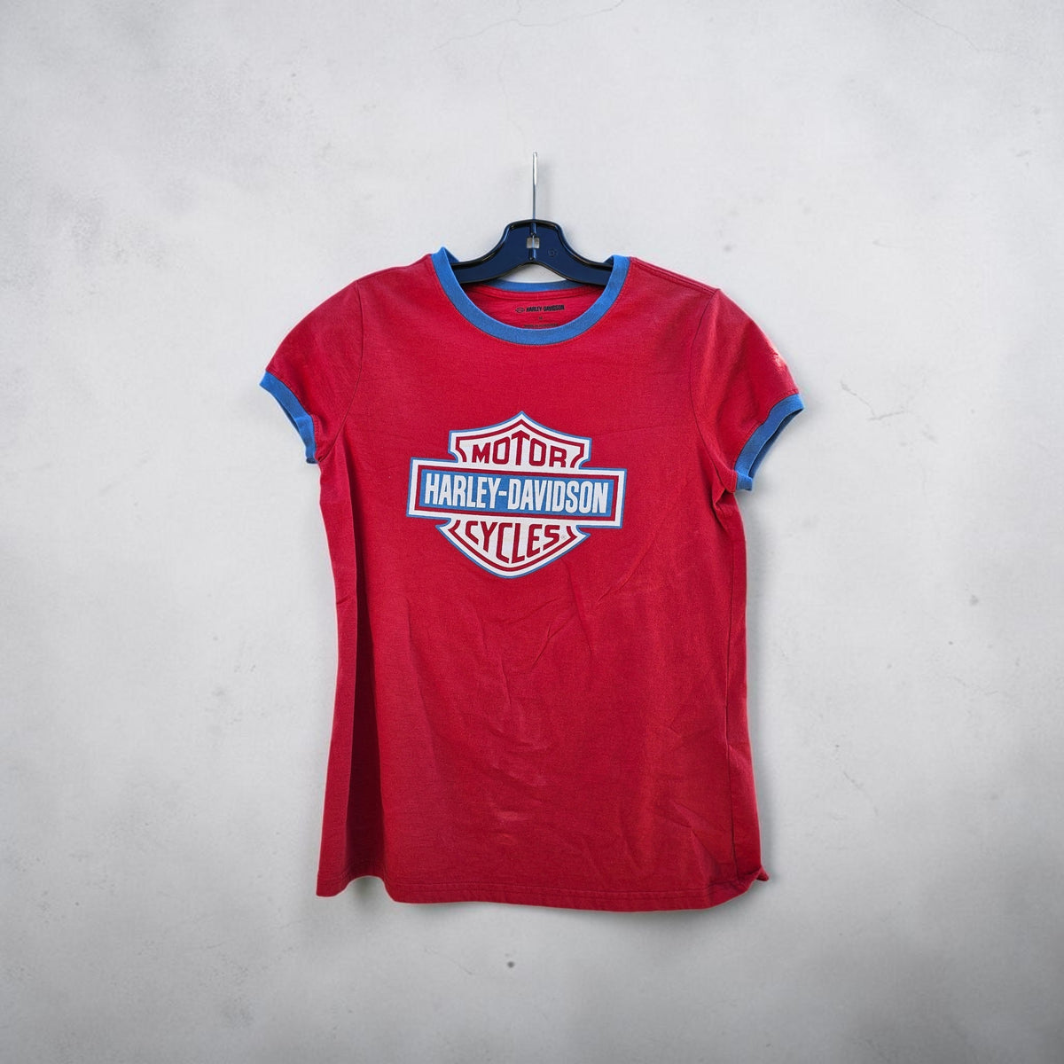 Womens Harley davidson blue trim shield ringer tee