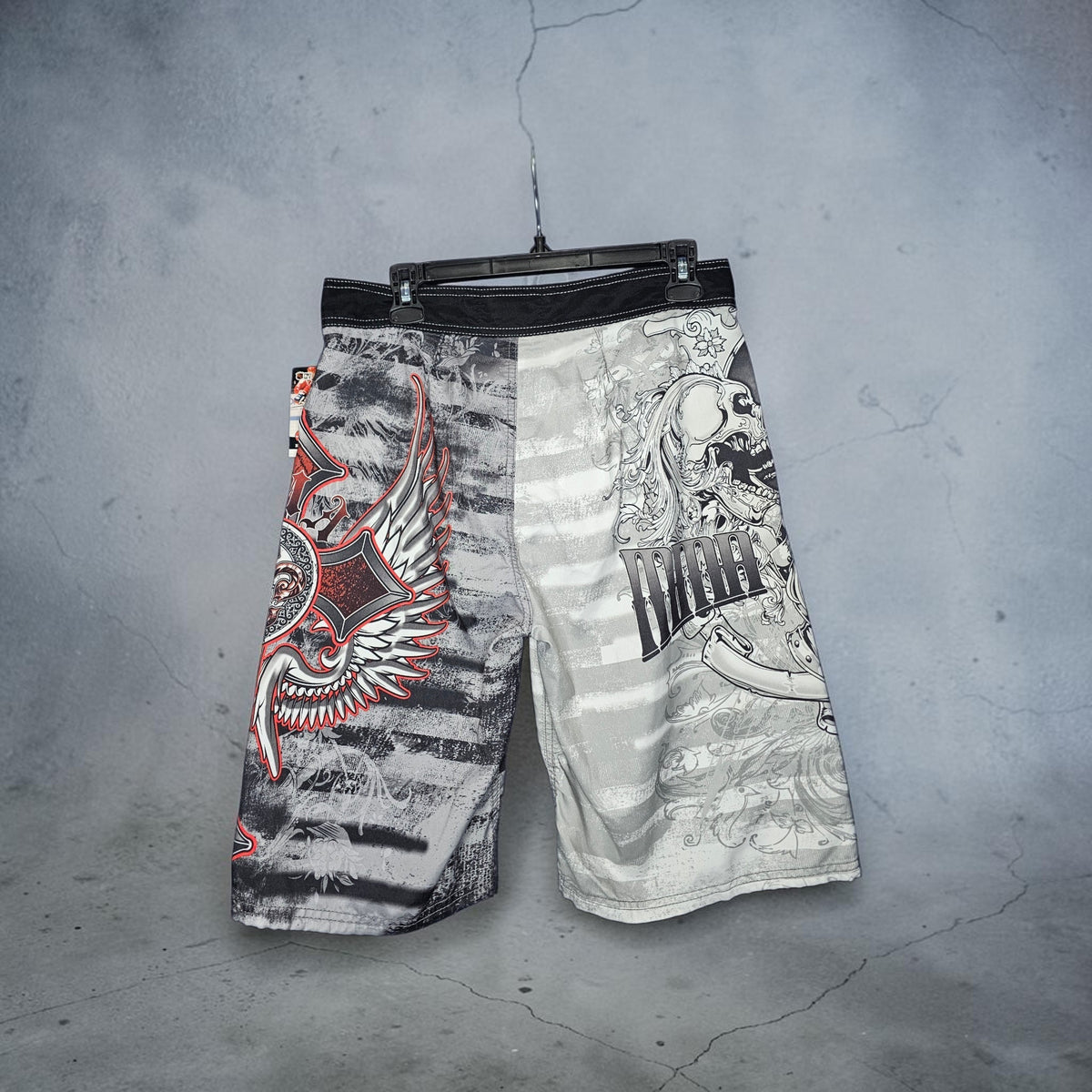 Y2k MMA Elite Skull sword graphic print boardshorts