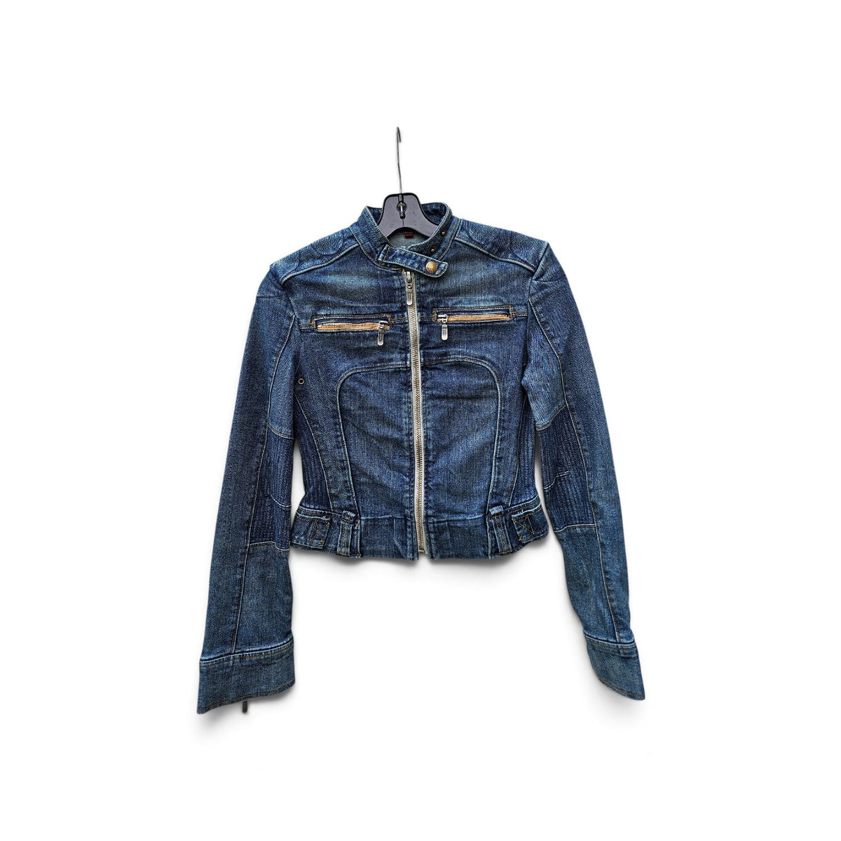 Y2k Moto zippered chest pocket snap tab collar blue denim jacket