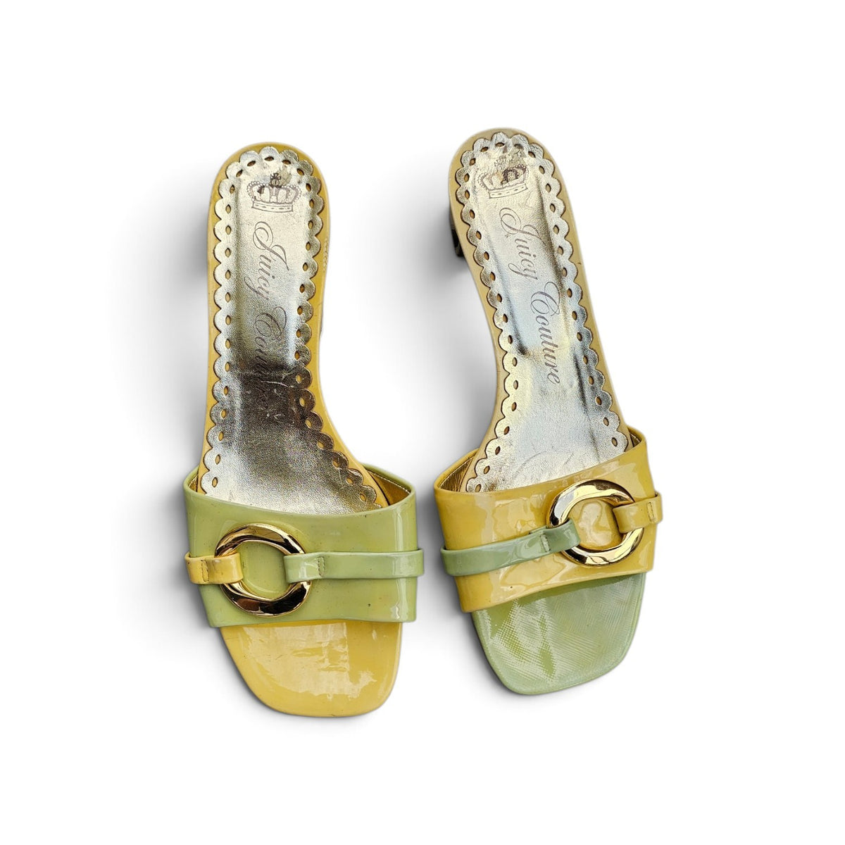 Y2k Juicy Couture patent finish square toe metallic buckle sandals