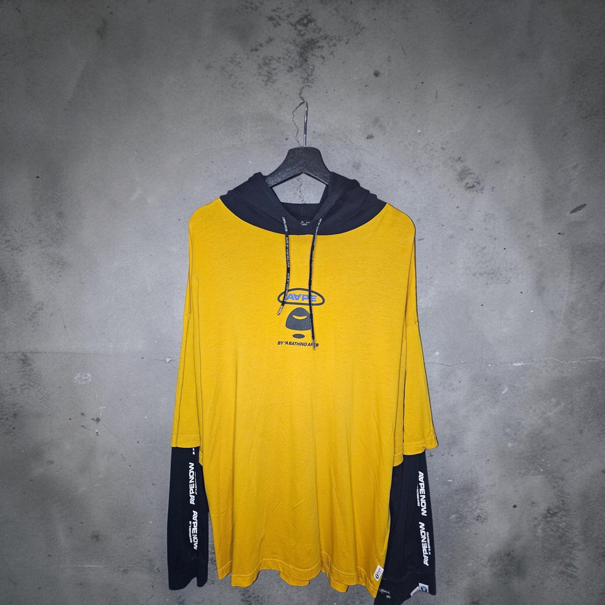 Aape by bathing ape black yellow layered ape head graphic longsleeve hooded tshirt