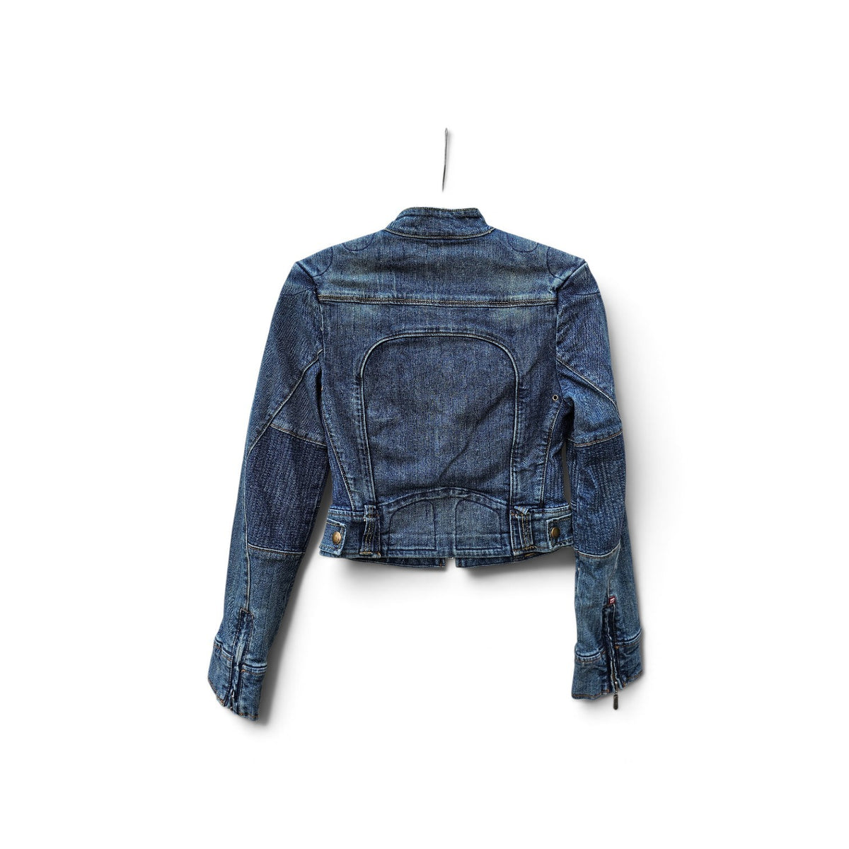 Y2k Moto zippered chest pocket snap tab collar blue denim jacket