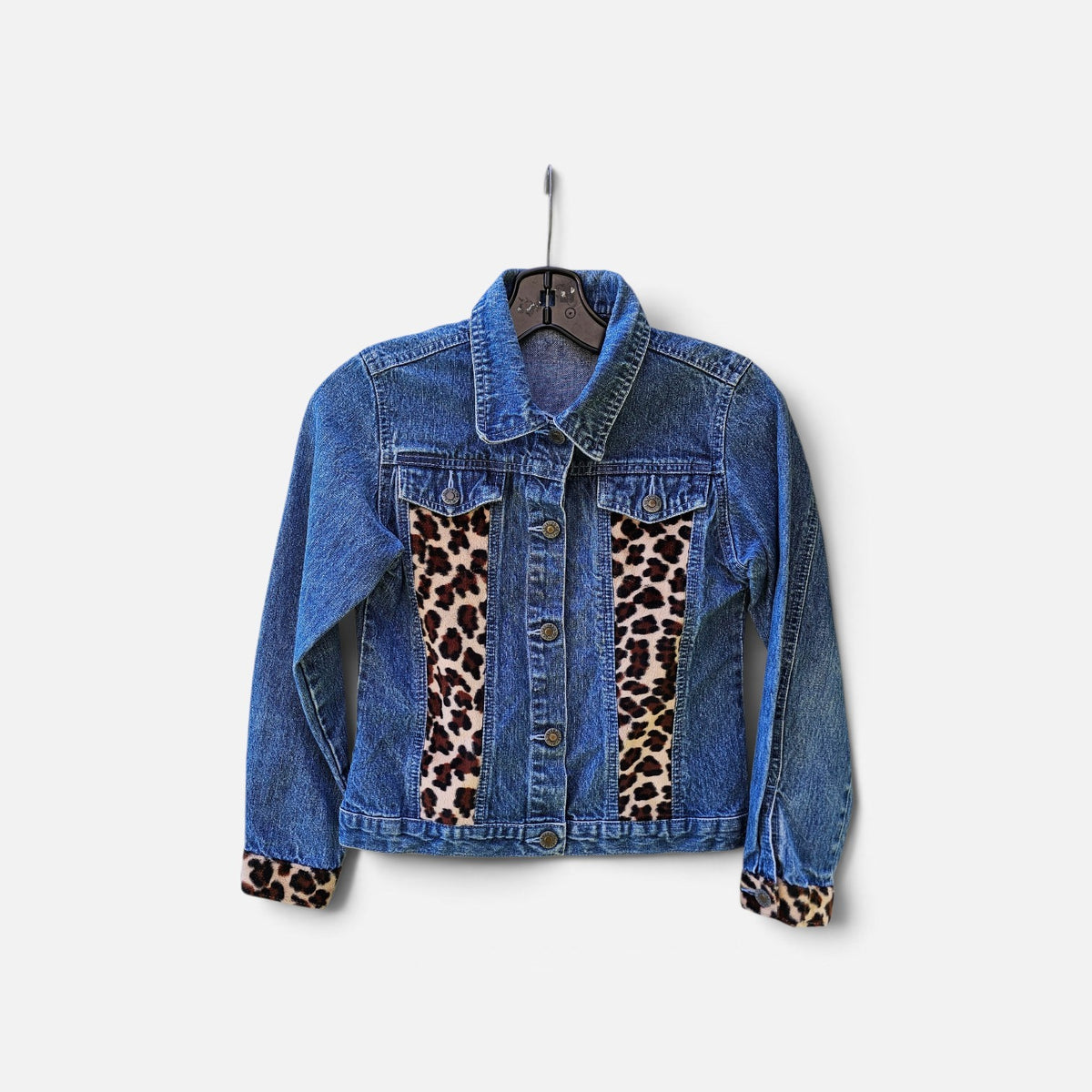 Y2k Womens Nevada leopard print panels denim trucker jacket