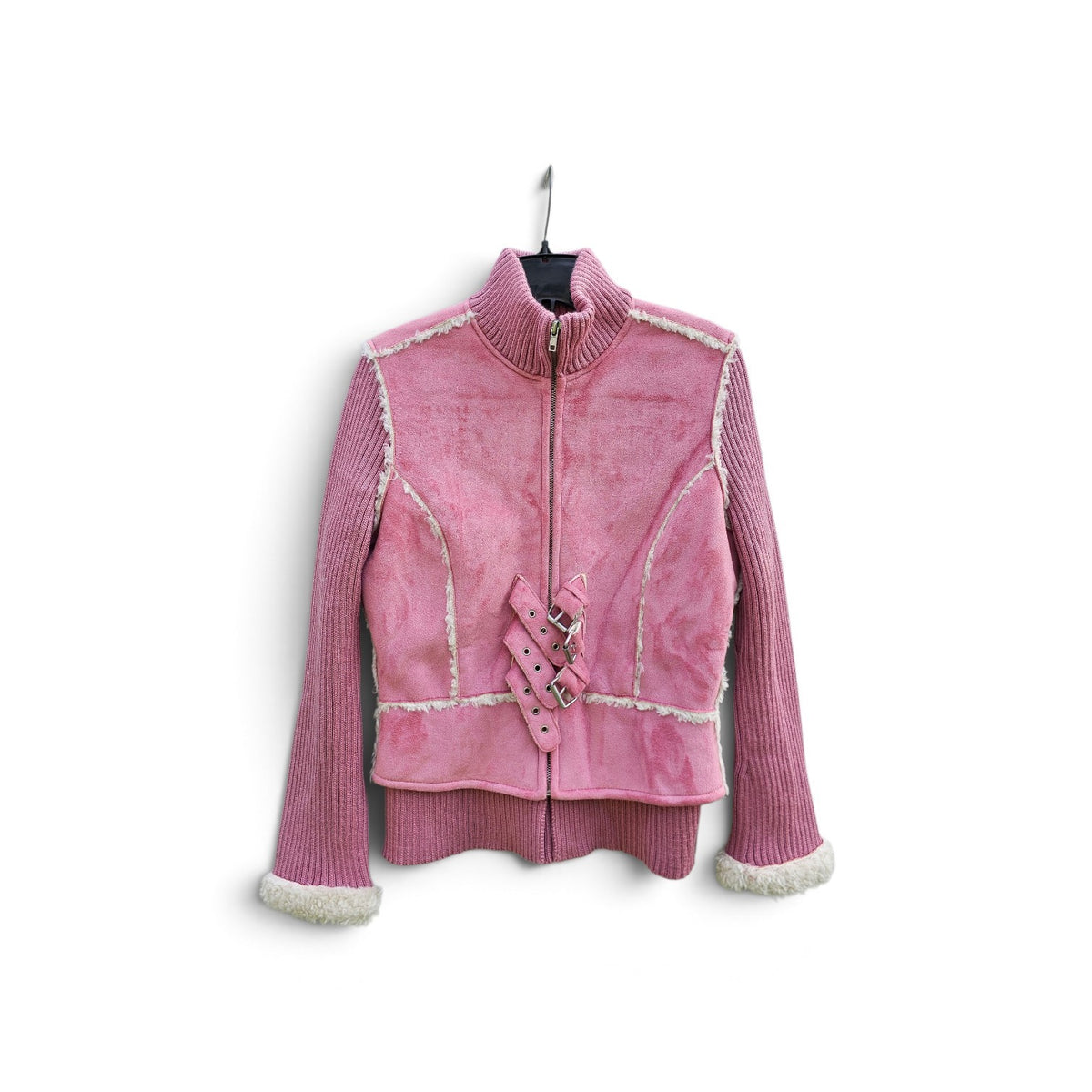 Y2k Twiggy Pink faux suede faux sherpa trim knit zipup jacket