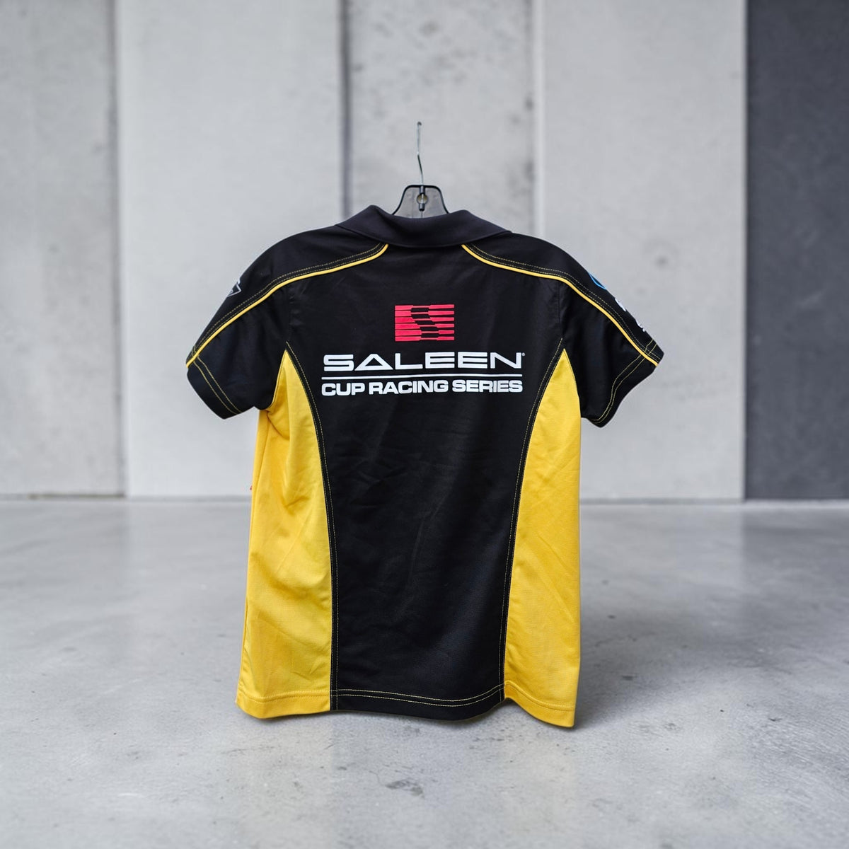 Womens Extreme performance Saleen cup racing series graphic black yellow nylon polo tshirt