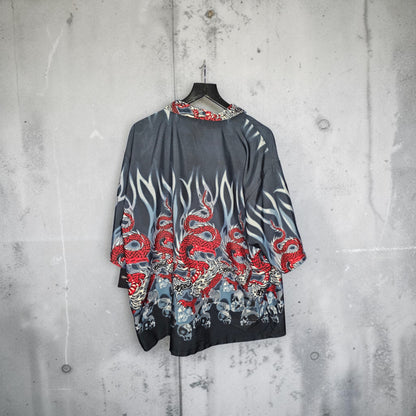 Y2k 725 AOP red dragon white flame skull pattern button up shirt