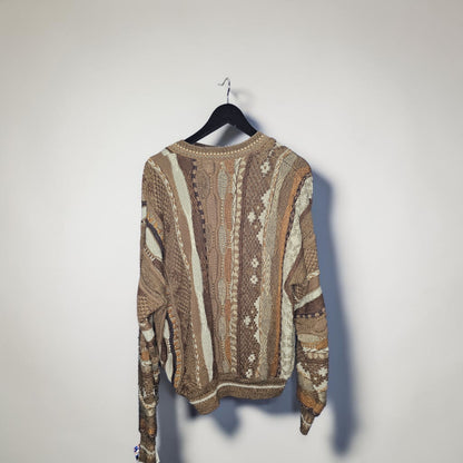 Vintage Tosani earth toned 3D knit abstract pattern v neck sweater