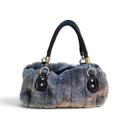 Y2k Pourquoi pas grey faux fur braided black handle silvertone hardware handbag