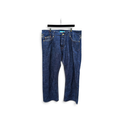 Y2k Shmack dark wash denim red embroidered skull pants