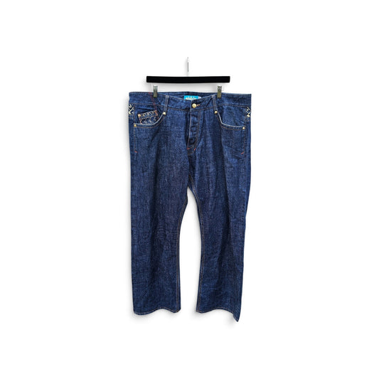 Y2k Shmack dark wash denim red embroidered skull pants