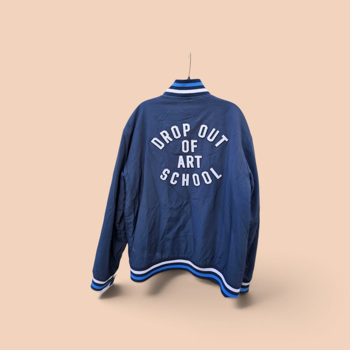 Y2k Ecko Unlmtd  drop out of art school patched navy blue varsity jacket