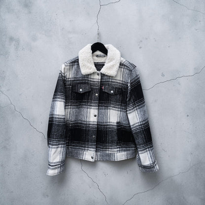 Levis black white buffalo plaid white sherpa trucker jacket