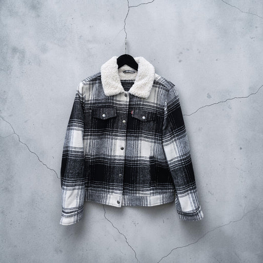 Levis black white buffalo plaid white sherpa trucker jacket