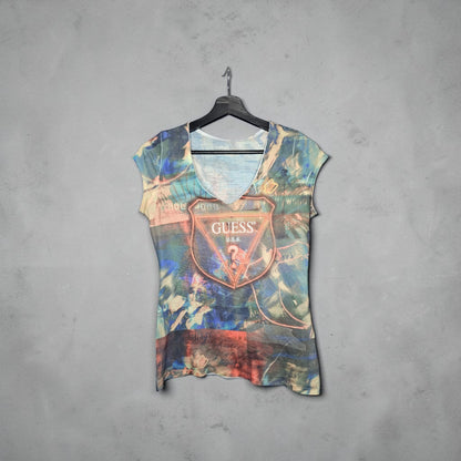Womens Y2k Guess USA Aop Multicolor graphic print vneck tshirt