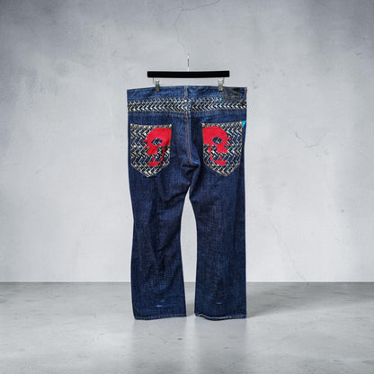 Y2k Shmack dark wash denim red embroidered skull pants