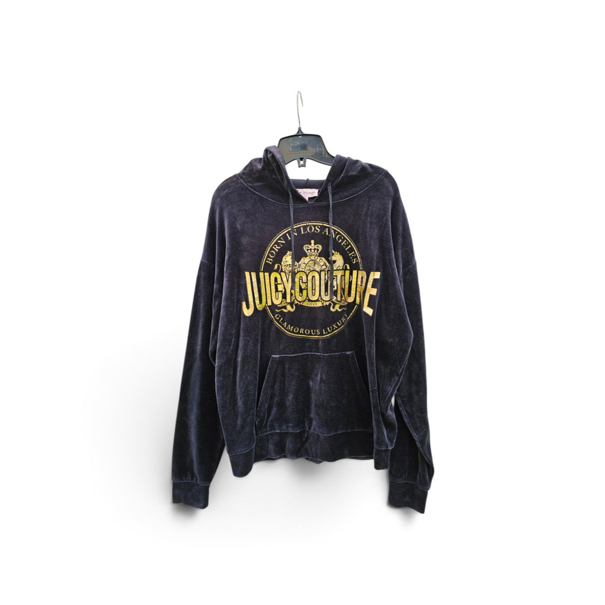 Y2k Juicy Couture gold metallic crest logo black velour pullover hoodie