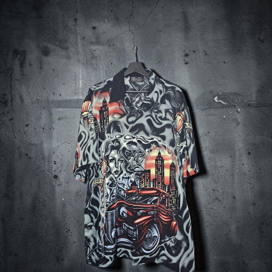 Y2K Meccq cityscape graphic button up shirt