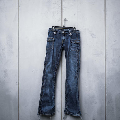 Womens Y2K Parasuco dark wash low rise denim cargo flare jeans