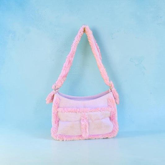 Y2k light pink suede fuzzy faux fur shoulder bag