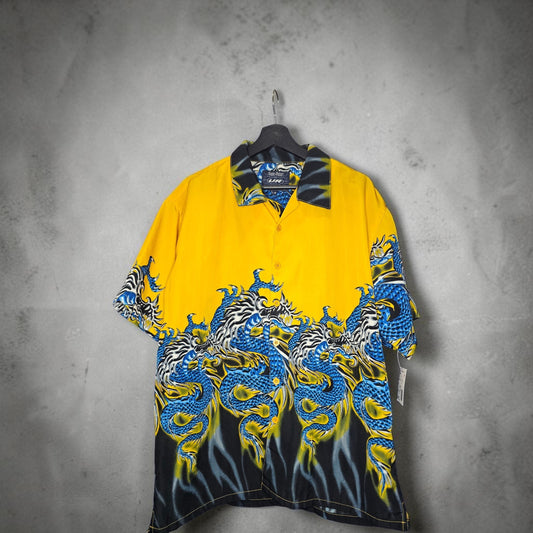 Vintage Urban Rags strike blue white Chinese dragon graphic button up shirt