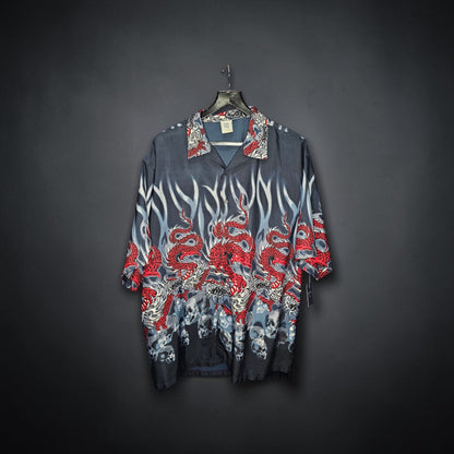 Y2k 725 AOP red dragon white flame skull pattern button up shirt