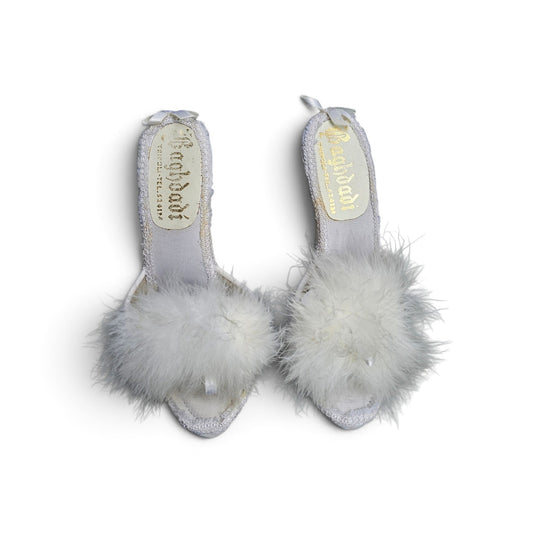 Y2k Baghdadi feather satin classic kitten low heel feather trim small bow slippers