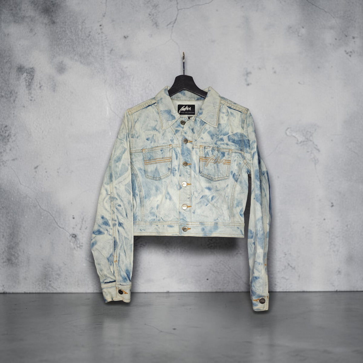 Womens Y2K Fubu light blue whote acid wash tie dye denim crop jacket