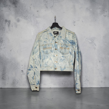 Womens Y2K Fubu light blue whote acid wash tie dye denim crop jacket