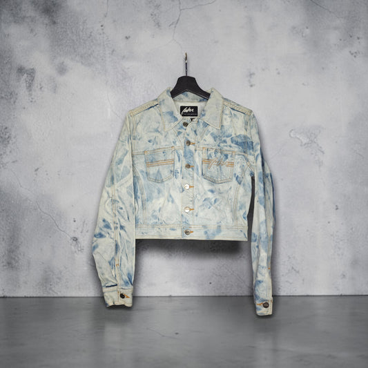 Womens Y2K Fubu light blue whote acid wash tie dye denim crop jacket