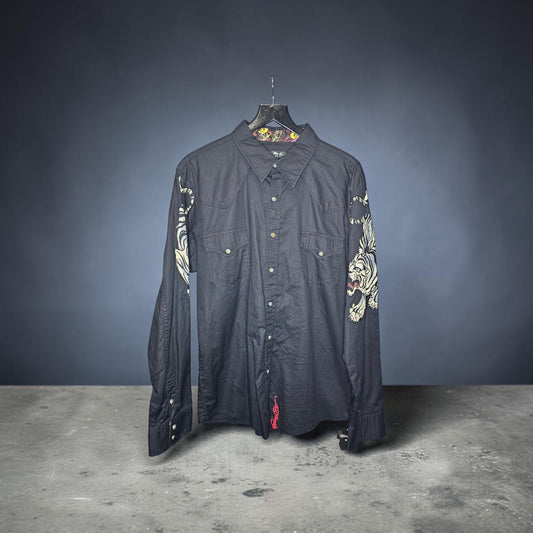 Y2k Edhardy Christian Audigier western button up graphic black button up longsleeve