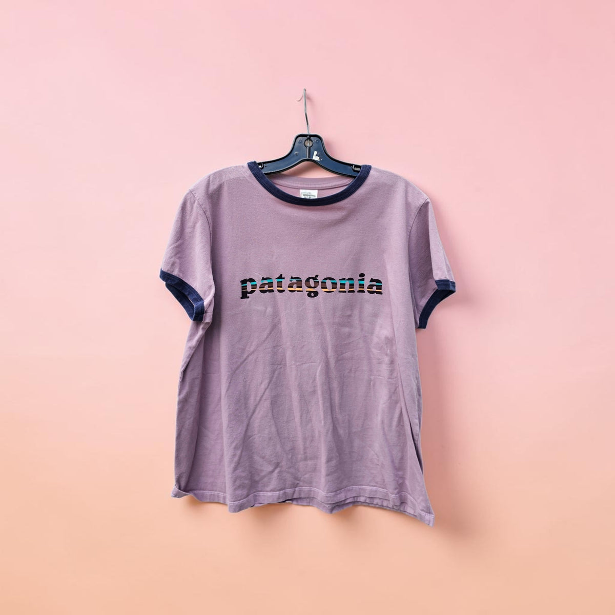 Womens Patagonia text logo mauve ringer tshirt