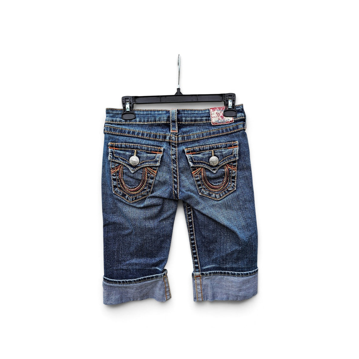 Y2k True Religion Rainbow Sophie washed blue cuffed hem denim short