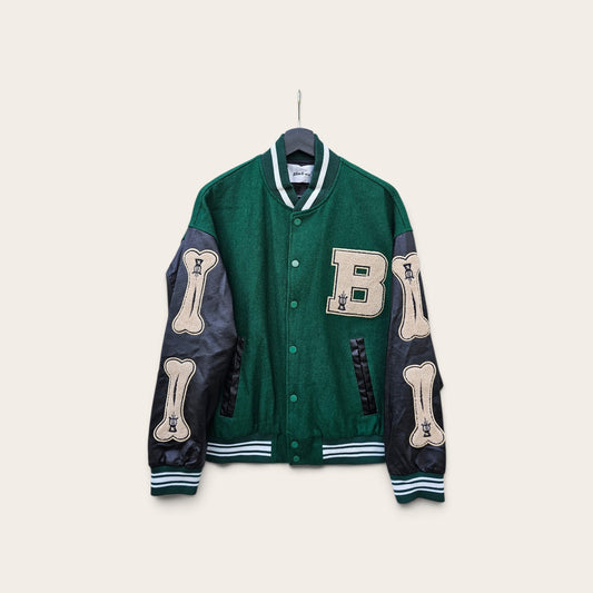 Black Air modern Bones Snapbutton Faux wool leather Varsity Jacket