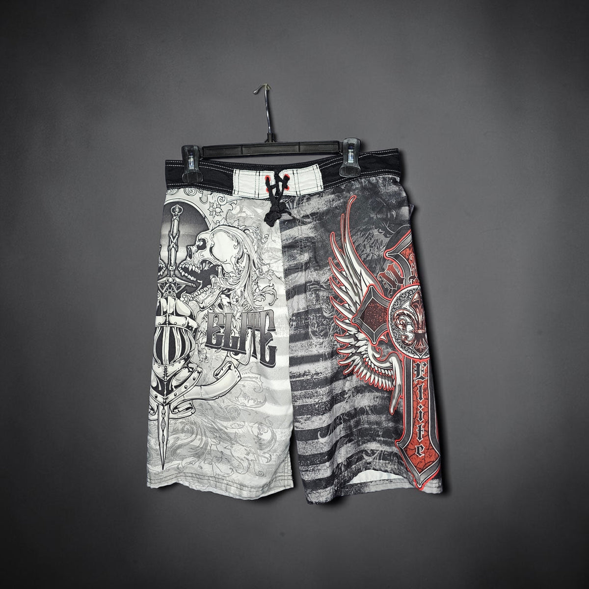 Y2k MMA Elite Skull sword graphic print boardshorts
