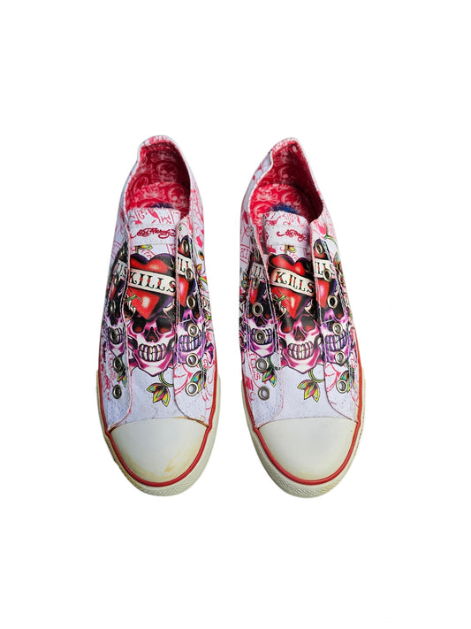 Y2k Edhardy love kills slowly white pink tattoo graphic slip on sneaker