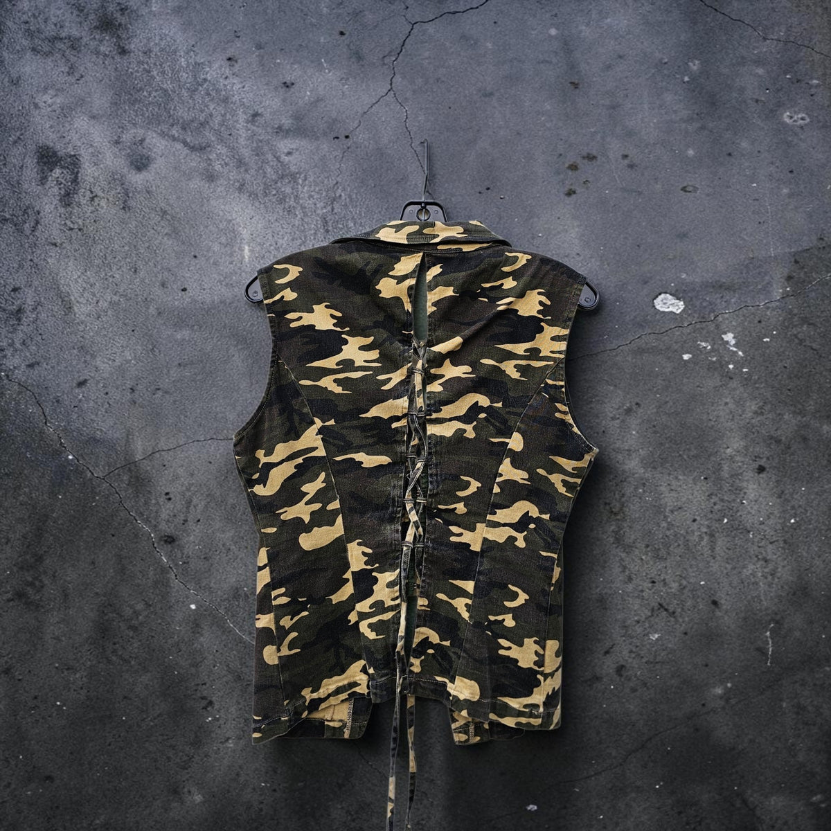 Womens Y2K yahoo jeans camouflage Sleeveless vest lapel collar lace up back top