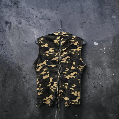 Womens Y2K yahoo jeans camouflage Sleeveless vest lapel collar lace up back top
