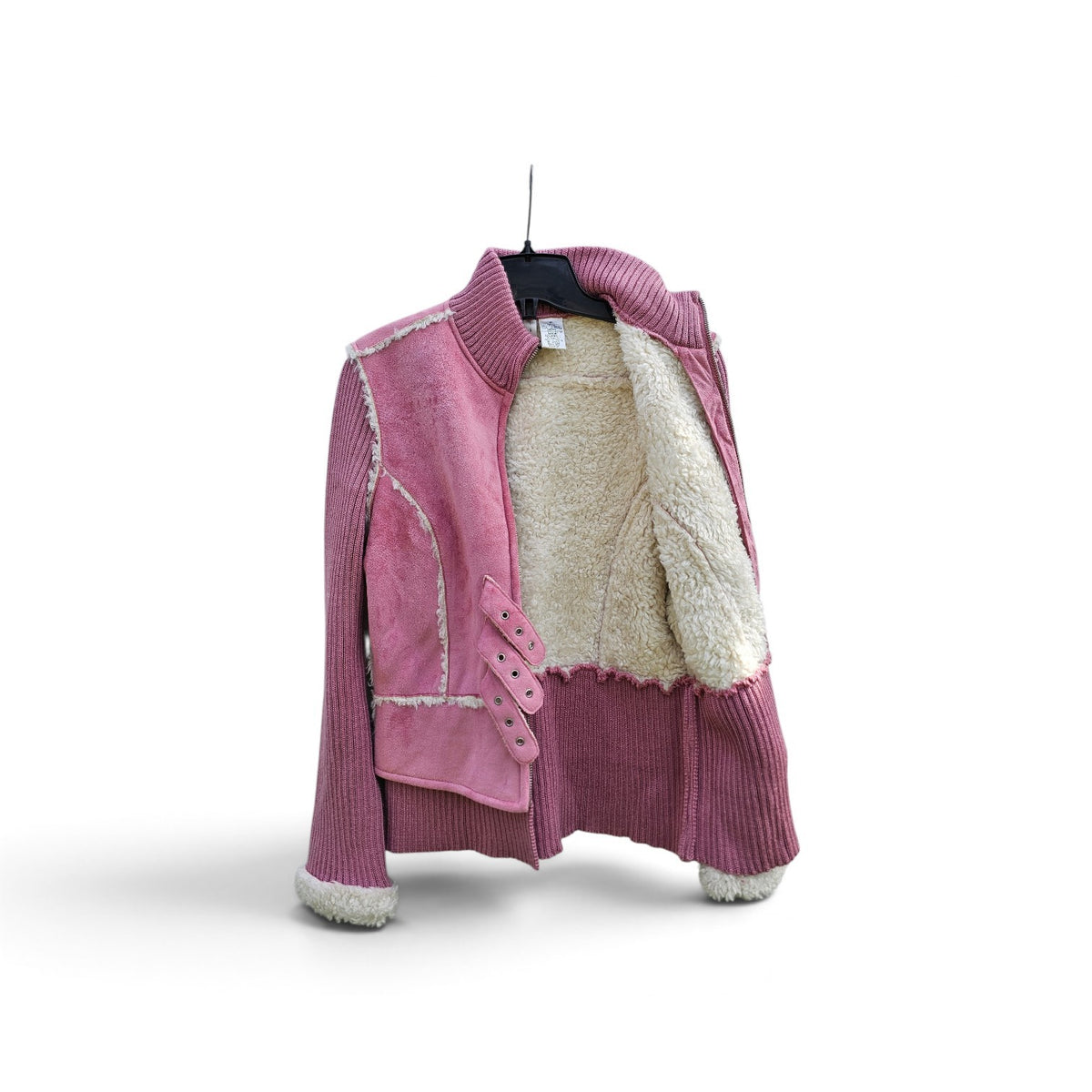Y2k Twiggy Pink faux suede faux sherpa trim knit zipup jacket