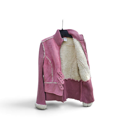 Y2k Twiggy Pink faux suede faux sherpa trim knit zipup jacket