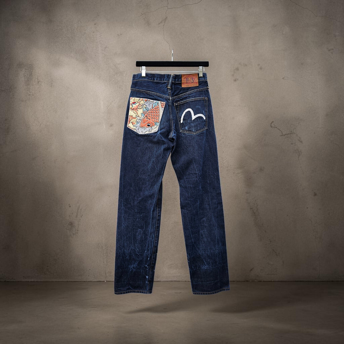 Visual unique koi  fish classic white painted logo pocket denim pants