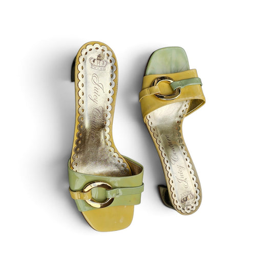 Y2k Juicy Couture patent finish square toe metallic buckle sandals
