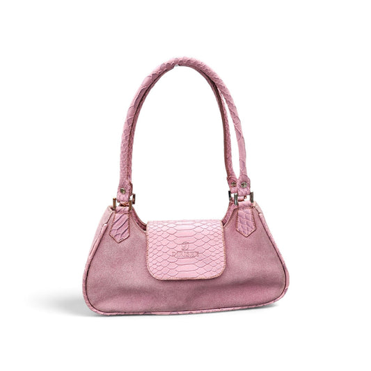 Y2K Derishe Charming mauve suede faux snakeskin front flap pink shoulder bag