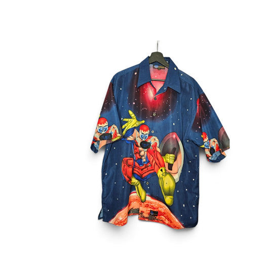 Vintage Space warrior Aop cosmic superhero graphic print button up shirt
