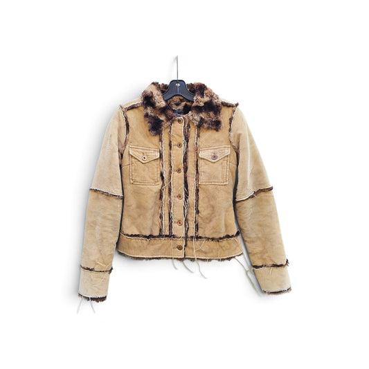 Y2k Womens Parasuco ergonomic jeans brown faux fur trim distressed tan corduroy jacket